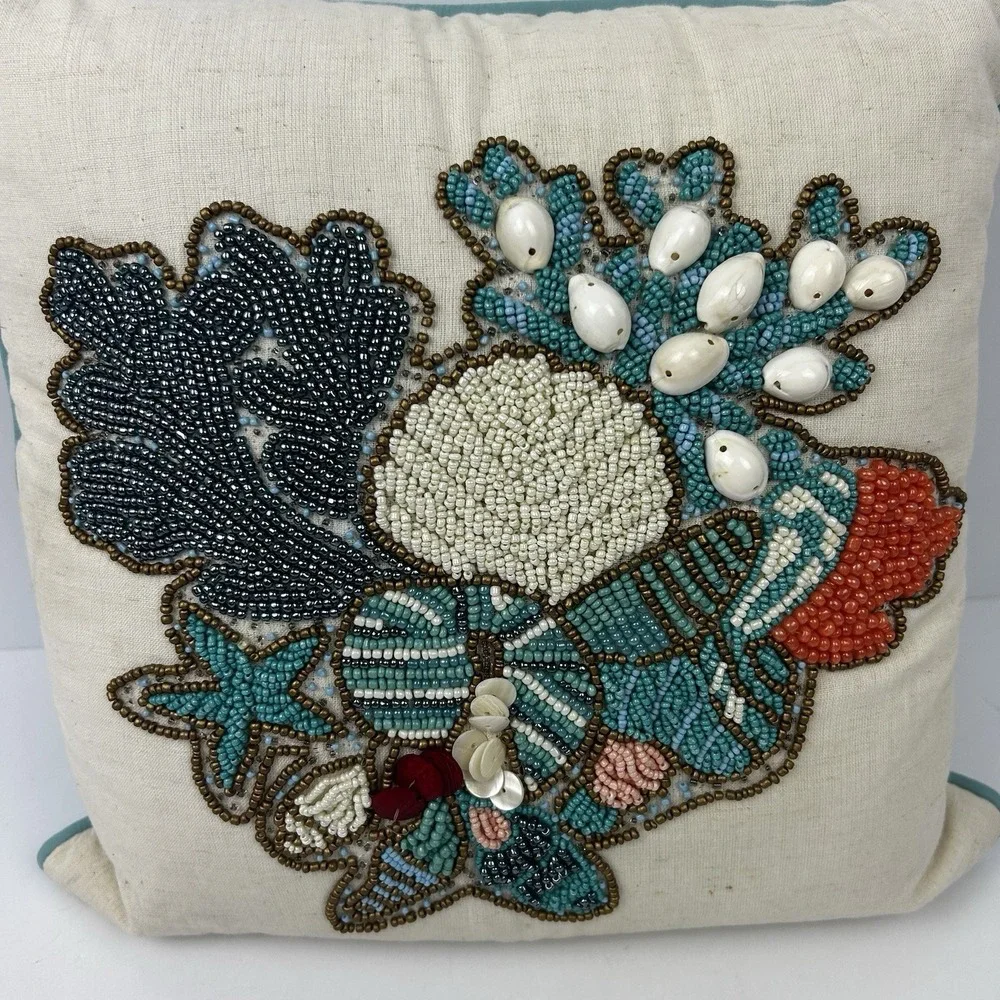 Pier 1 Imports Coastal Beaded Sea Shells Throw Cushion Pillow Decorative 14